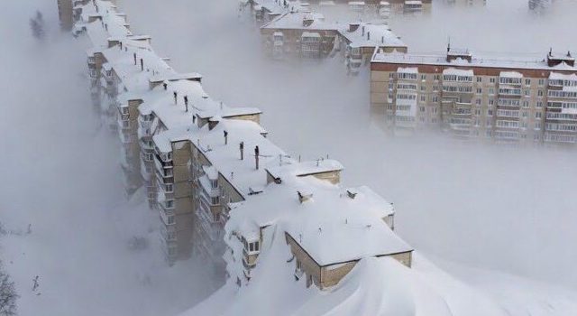 Aerial photo of a snowstorm over a city, widely shared online