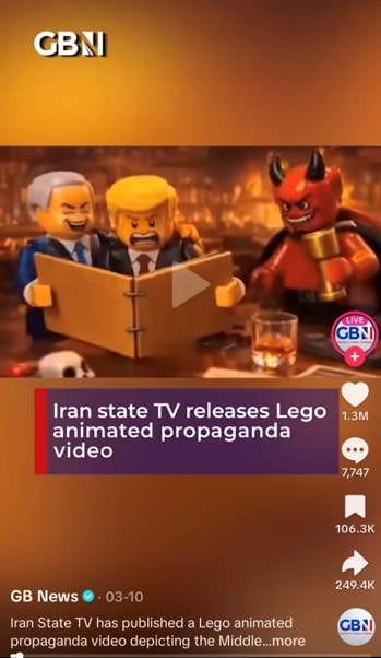 GB News TikTok post showing a still from an Iranian Lego-style AI video of Trump, Netanyahu and the devil