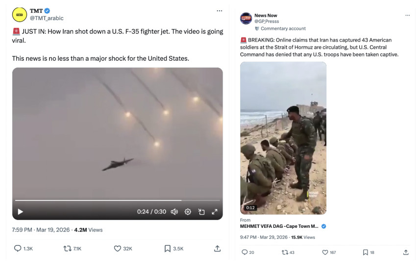 Two X posts from the BRICS4CLICKS network showing AI-generated war videos without an AI label