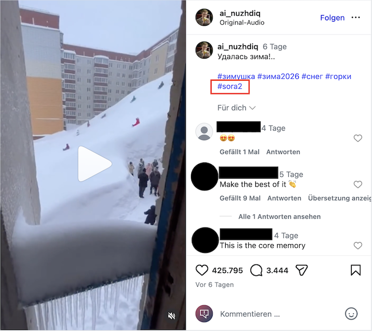 Instagram post by ai_nuzhdiq showing a sledding video and the hashtag #sora2 highlighted
